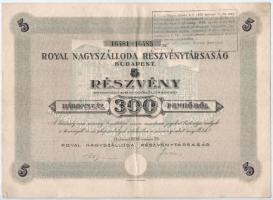 Budapest 1936. Royal Nagyszálloda Részvénytársaság öt részvénye egyben, összesen 300P-ről, felülbélyegzéssel T:III