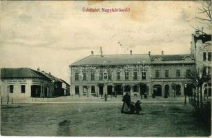 1909 Nagykőrös, Népbank, Központi szálloda, Izsó Imre Magyar vendéglője, üzletek. Geszner J. kiadása (r)