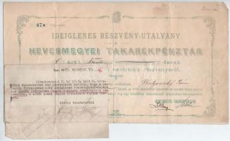 Eger 1927. Heves Megyei Takarékpénztár részvény utalványa nyolc darab, egyenként 10P névértékű részvényről (2x), hozzátűzve egy részvény kibocsájtásról szóló tájékoztatóval T:III