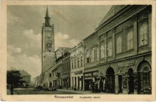 1915 Rimaszombat, Rimavská Sobota; Erzsébet tér, Perecz Béla borbély és fodrász, Csízy K. és Tigerman Adolf üzlete / square, shops, barber and hairdresser