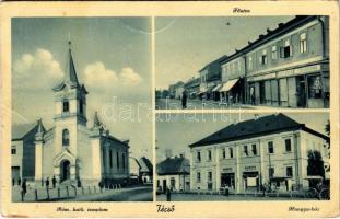 1942 Técső, Tiacevo, Tiachiv, Tyachiv; Fő utca, Római katolikus templom, Hangya ház, Katz Bertalan üzlete és cukrászda / main street, church, shops, confectionery (Rb)