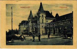 1919 Temesvár, Timisoara; pályaudvar, vasútállomás, lovashintók / railway station, horse chariots (EK)