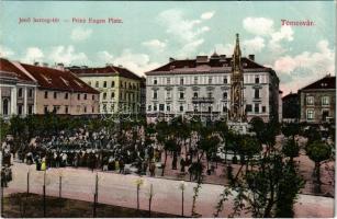 Temesvár, Timisoara; Jenő herceg tér, piac, Rukavina műemlék, temesi Agrár takarékpénztár, Turul cipőgyár részv. társaság fiók üzlete. Tóth Béla kiadása / square, market, monument, savings bank, shop