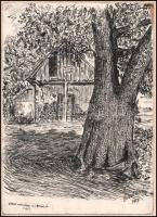 Orosz István (1941-1999): Etesi kovácsműhely és a 200 éves fa, 1957. Tus, papír. Jelzett. Sérült. Pa...