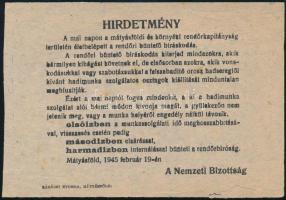 1945 Bp. Mátyásföld, Nemzeti Bizottság által terjesztett röplap büntető bíráskodásról hadimunka-kötelezettség elkerülése miatt