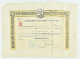 1948 Államszámviteltani vizsgabizonyítvány, díszes oklevél Kossuth-címerrel, 6 Ft illetékbélyeggel, hajtásnyomokkal, lapszéli kisebb szakadással, apró foltokkal. 35x50