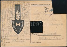 1940 A közérdekű munkaszolgálat részére készített levelezőlap, feladva: Körösmező IX. zászlóalj I. század, a bélyeg és a pótbélyeg kivágva