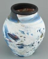 Modern, absztrakt mintás kerámia váza, festett, jelzés nélkül, kisebb kopásnyomokkal, m: 21 cm
