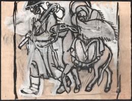Muhits Sándor (1882-1956): Menekülés Egyiptomba. Ceruza, tempera, tus, papír, jelzés nélkül, sérült, lap teteje vágott. Feltehetően illusztráció vagy freskóterv. 22,5×30 cm