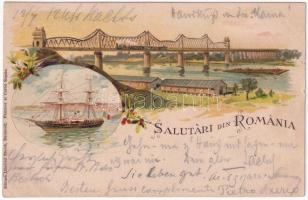 1900 Cernavoda, Cerna Voda; Salutari din Romania / King Carol I Railway Bridge (Anghel Saligny Bridge) built between Fetesti and Cernavoda. Editura Librariei Storck. Art Nouveau, floral, litho