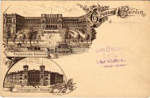 1893 (Vorläufer!!!) Berlin, Polytechnische Hochschule, Criminalgerichst-Gebäude / technical university, horse-drawn tram, court. Art Nouveau, floral, litho (EK)