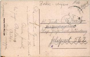 1916 Békés, római katolikus templom, utca, Löwy és Goldstein és Végh Lajos üzlete (lyuk / hole)