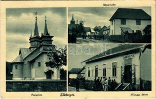 Kökényes, Ternovo; fatemplom, utca, Hangya üzlete és saját kiadása / wooden church, street, cooperative shop (EK)