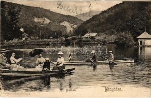 1905 Menyháza, Monyásza, Moneasa; Halastó, csónakázó társaság / lake, people in boats (Rb)