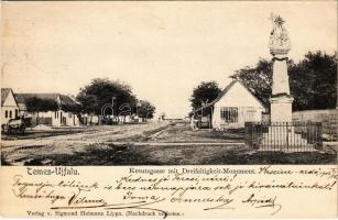 1903 Temesújfalu, Temes-Újfalu, Neudorf; Kreutzgasse mit Freifaltigkeit-Monument / Kereszt utca, Szentháromság szobor. Verlag v. Sigmund Heimann (Lippa) / street view, Holy Trinity statue (ázott sarok / wet corner)