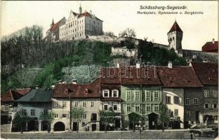 Segesvár, Sighisoara; Marktplatz, Gymnasium u. Bergkirche / Piactér, gimnázium és templom, E. Gutt, F. Lingner üzlete, sörcsarnok. Zeidner H. kiadása / street view, grammar school, church, shops, beer hall