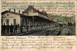 1905 Ruttka, Vrútky; Pályaudvar, vasútállomás, vasutasok / railway station, railwaymen (EB)