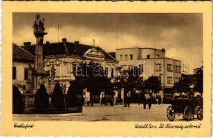 1939 Érsekújvár, Nové Zámky; Kossuth tér a Szentháromság szoborral. Jaksics Ferenc kiadása / square, Holy Trinity statue