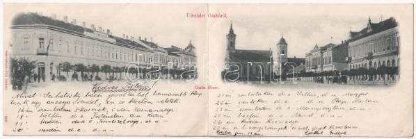 1900 Békéscsaba, Csaba; Fő tér, Fiume szálloda, üzletek. Corvina könyvkereskedés kiadása. kihajtható panorámalap