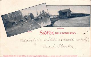 1901 Siófok, Kikötő, gőzhajó, fürdőház. Hirsch Mór kiadása + PRAGERHOF - BUDAPEST 8 vasúti mozgóposta bélyegző (EK)