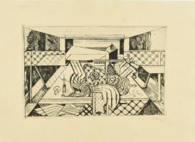 Hincz Gyula (1904-1986): Kompozíció. Rézkarc, papír, jelzett, 18,5×29 cm