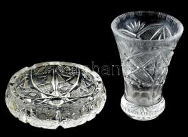 Ólomkristály hamutartó, kopásnyomokkal, d: 11,5 cm + üveg váza, m: 11,5 cm