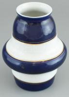 Kék-fehér csíkos román porcelán váza, jelzett, kopásnyomokkal, m: 18,5 cm