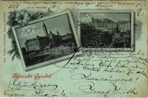 1899 (Vorläufer) Győr, új városház, Széchenyi tér, piac, este. Ehrenthál Ignác kiadása, Art Nouveau, floral (EK)