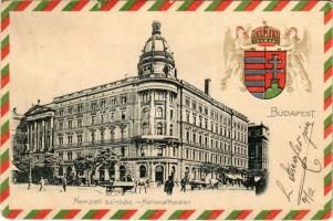 1902 Budapest VIII. Kerepesi út (Rákóczi út), Nemzeti Színház. Szecessziós dombornyomott litho magyar címerrel (EM)