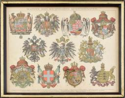 Wappen der Wichtigsten Kulturstaaten - A legfontosabb kulurállamok címerei, közötte a magyar. Litográfia, üvegezett fali és asztali keretben. 32x25 cm
