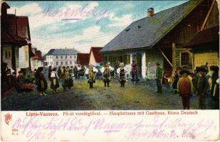 1915 Vázsec, Liptó-Vázsecz, Vazec; Fő út Deutsch Rózsa vendéglőjével. Feitzinger Ede 668. A.J. 1904/14. / Hauptstrasse mit Gasthaus Rózsa Deutsch / main street, inn, restaurant, folklore (EK)