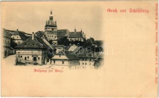 Segesvár, Sighisoara, Schässburg; Aufgang zur Burg / utca, J. Taschler P. üzlete / street, shop