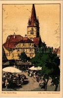 Nagyszeben, Hermannstadt, Sibiu; Prinz Karls Ring / piac és templom / market, church. litho s: Trude Schullerus