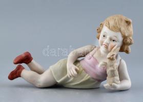 Biszkvit porcelán kislány nyuszival, kézzel festett, jelzett, kopásnyomokkal, gyári repedéssel, h: 22 cm