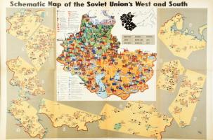 cca 1960-1980 A Szovjetunió gazdaságát bemutató 4 db színes térkép, angol nyelven, hajtva, 97x64 cm / Economy of the USSR, 4 maps, 97x64 cm