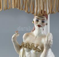 Fajansz női alakos lámpa, búrával, m: 47 cm