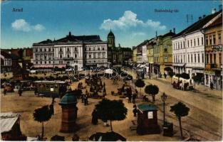 Arad, Szabadság tér, piac, villamos, Limbeck János és fia és Moskovitz üzlete / market square, tram, shops