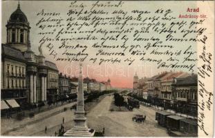 1905 Arad, Andrássy tér, városi vasút, kisvasút, vonat, szobor, Schwarz Simon fiai és társa üzlete / square, urban railway, trains, shops (EK)