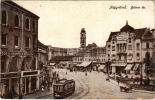 1916 Nagyvárad, Oradea; Bémer tér, villamos, Erdős és Grünfeld áruháza, üzletek / square, tram, shops