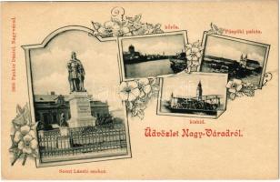 Nagyvárad, Oradea; Szent László szobor, Körös, Püspöki palota. Pauker Dániel kiadása / statue, bishop's palace, Cris river. Art Nouveau, floral