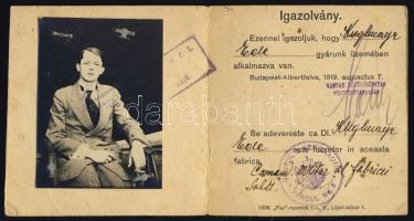 1919 Kuglmayr Ede repülőgépgyári igazolványa