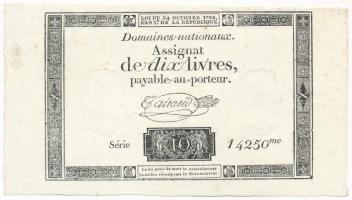 Franciaország 1792. 10L Assignata vízjellel és szárazpecséttel 14250 T:I- France 1792. 10 Livres Assignat with watermark and embossed stamp 14250 C:AU