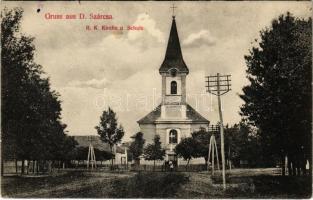 1916 Szárcsa, Sartscha, Sarca, Sarcia, Sutjeska; R. K. Kirche u. Schule / Római katolikus templom és iskola. Aufnahme v. Massong I. Photograf / Catholic church and school