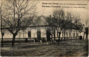 1916 Torzsa, Torschau, Savino Selo; Ecke der Zweibrücker u. Bahnhofgasse / Zweibrücke és Vasúti utca sarok, Ludwich Schweiger üzlete / street view, shop of Schweiger