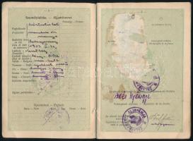1925-1930 M. Kir. útlevele, benne számos bejegyzéssel, de fénykép nélkül,(a lap ahol a fényképnek kellene lennie sérült, foltos