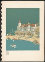 Budapest nevezetességeit ábrázoló 5 db színes linómetszet. Papír, jelzés nélkül, feliratozva, spirál...