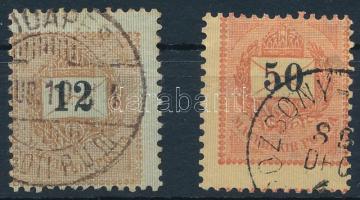 1889 12kr + 50kr durva elfogazással / Mi 33, 38 with shifted perforation