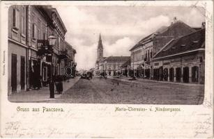 1902 Pancsova, Pancevo; Maria-Theresien- u. Almásergasse / Mária Terézia és Almásy utca, Poppovits Nádor és Társa üzlete / street view, shops