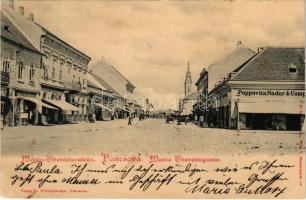 1900 Pancsova, Pancevo; Maria-Theresiagasse / Mária Terézia utca, Poppovits Nádor és Társa üzlete. C. Wittigschlager kiadása / street view, shops (EK)