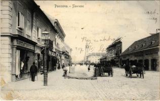 1907 Pancsova, Pancevo; Mária Terézia utca, Poppovits Nádor és Társa, Konstantinovics V. St. üzlete / street view, shops (EK)